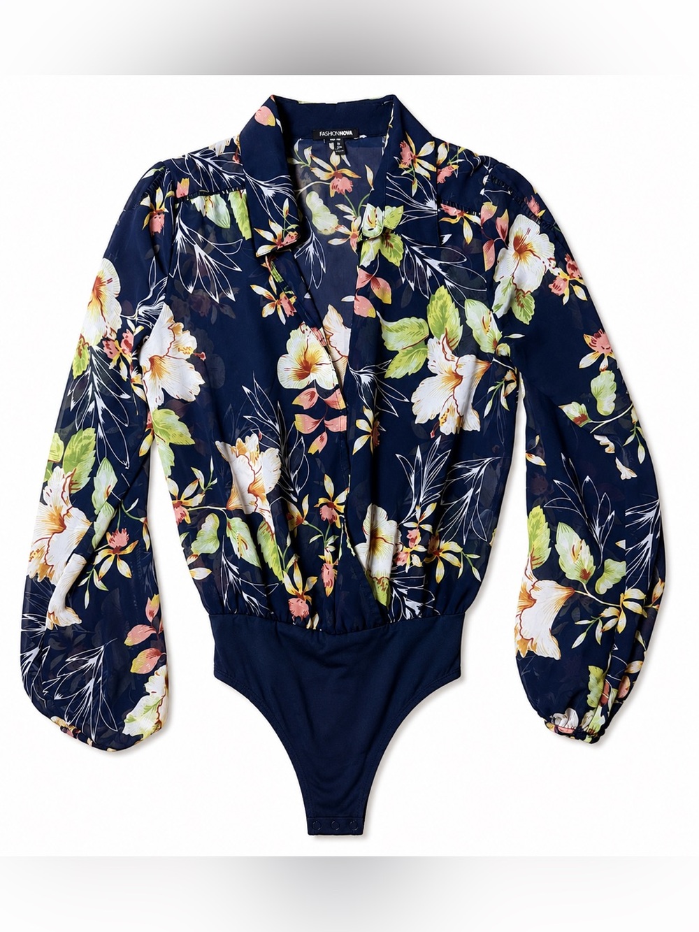 Fashion Nova Flowers In My Hair Surplice Bodysuit Navy Blue SMALL